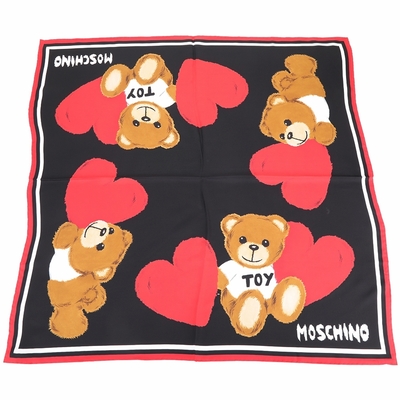 MOSCHINO 愛心泰迪熊黑色純絲方巾/領巾