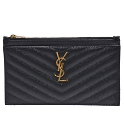 YSL MONOGRAM系列V字縫線小牛皮金屬LOGO拉鍊手拿/零錢包(黑色)