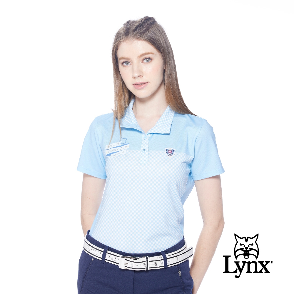 【Lynx Golf】女款吸排抗UV小菱格花紋盾型山貓繡標短袖POLO衫/高爾夫球衫-淺藍色