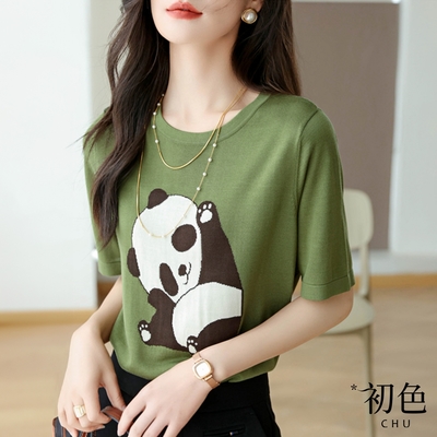初色 涼爽透氣可愛熊貓印花寬鬆圓領短袖針織衫T恤上衣-共3色-30117(F可選)