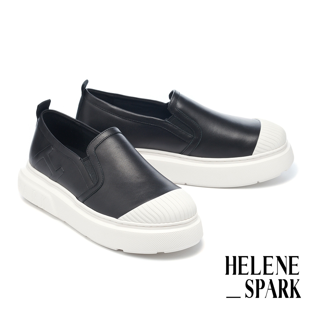 休閒鞋 HELENE_SPARK 日常百搭H壓印拼接軟牛皮厚底休閒鞋－黑