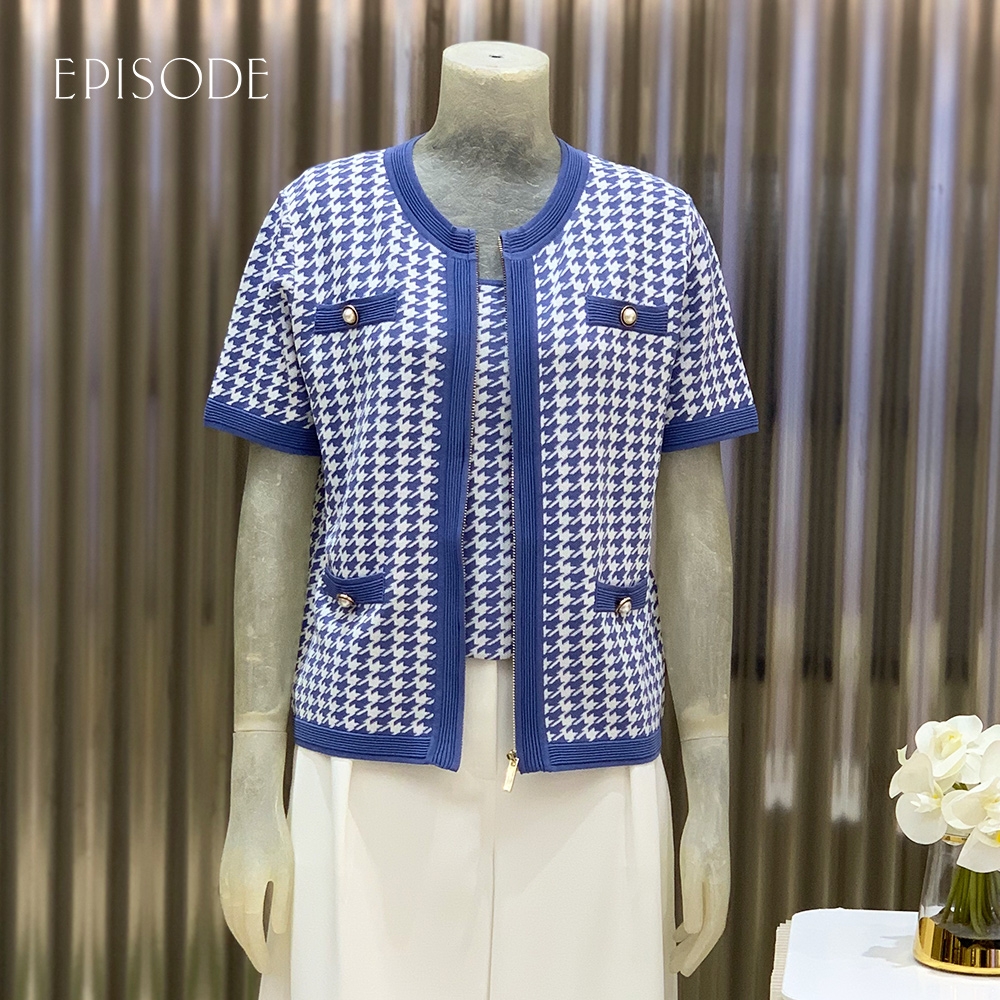 EPISODE - 百搭千鳥格紋拉鏈短袖針織外套124144（靛藍）