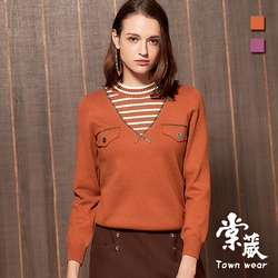 【TOWNWEAR棠葳】休閒條紋拼接針織衫 2色(女上衣/女上著/鑽飾/長袖/微高領)