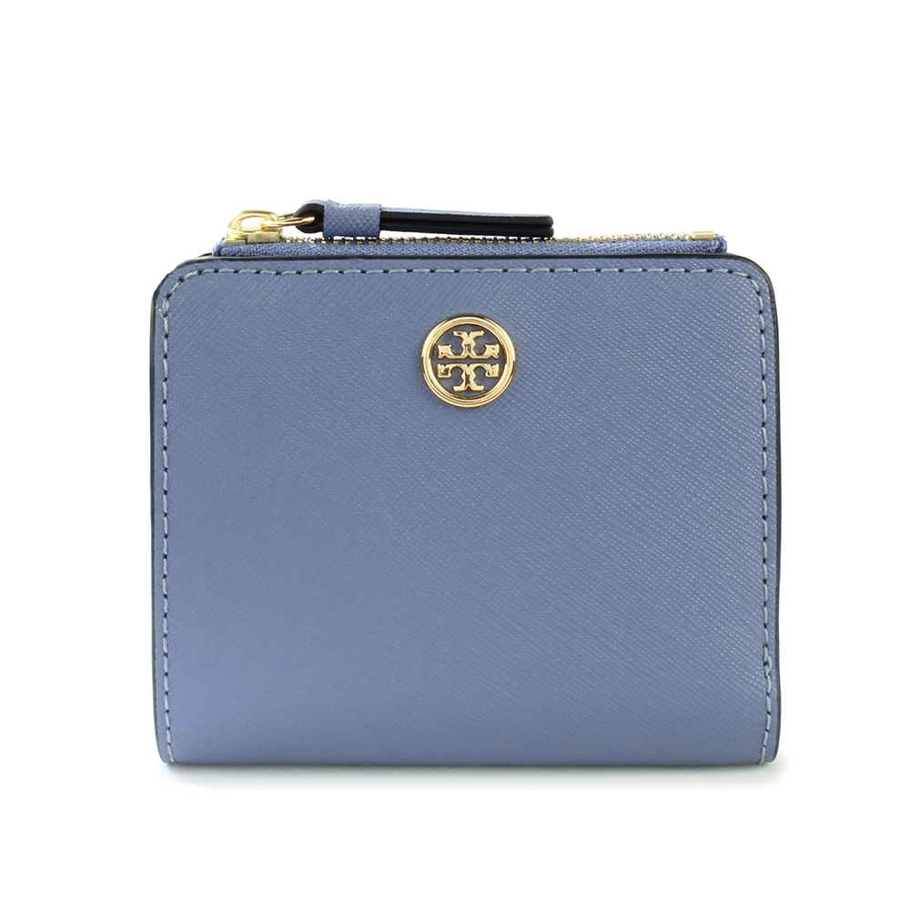 TORY BURCH  Robinson 經典小圓標金屬LOGO防刮皮革短夾-藍木色