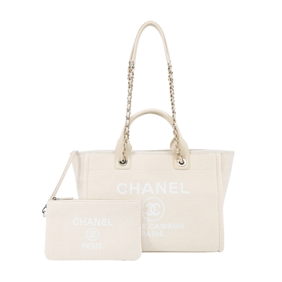 CHANEL 經典Deauville帆布鏈帶小號托特包(米白)