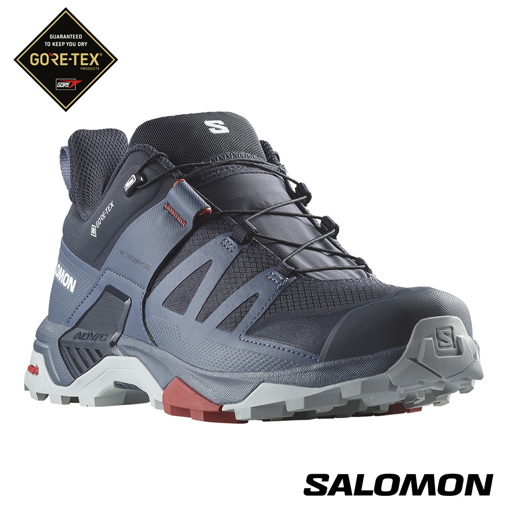 官方直營 Salomon 男 X ULTRA 4 Goretex 低筒登山鞋 野跑鞋 碳黑/白令藍/珍珠藍