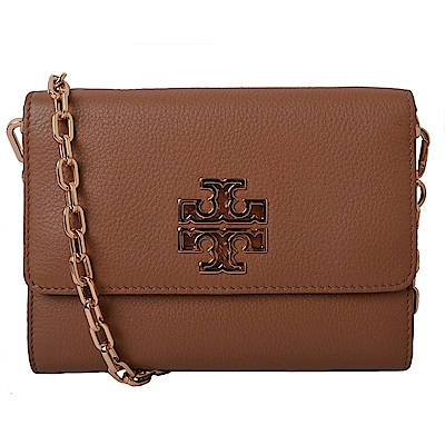 TORY BURCH BRITTEN 立體大LOGO掀蓋式全皮革鍊帶手拿/斜背包-焦糖棕