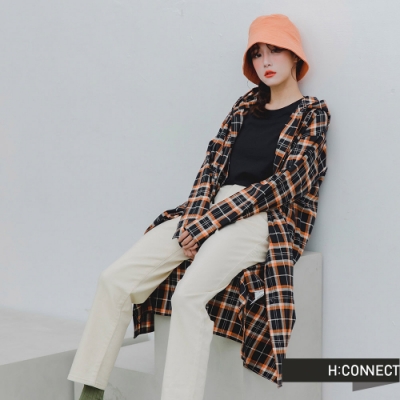 H:CONNECT 韓國品牌 女裝 -格紋長版連帽襯衫-黑