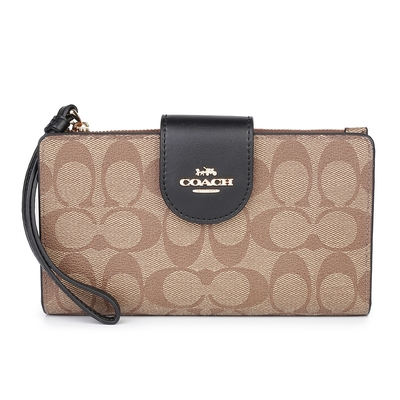 COACH 經典滿版C LOGO PVC皮革扣式手機包長夾-卡其/黑