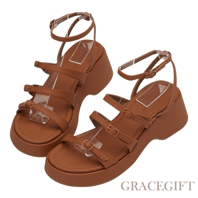 【Grace Gift】簡約細帶繞踝厚底涼鞋 棕