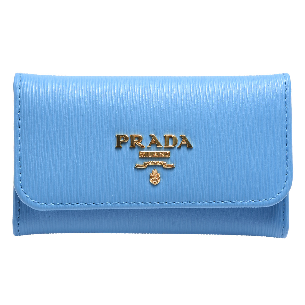 PRADA 經典金色浮雕LOGO直紋牛皮萬用功能雙釦鑰匙包(水藍)