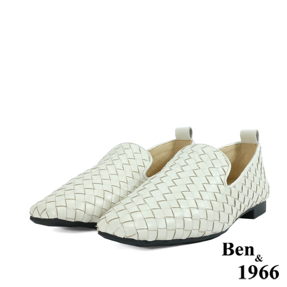 Ben&1966高級頭層牛皮流行編織舒適樂福鞋-米白(218272)