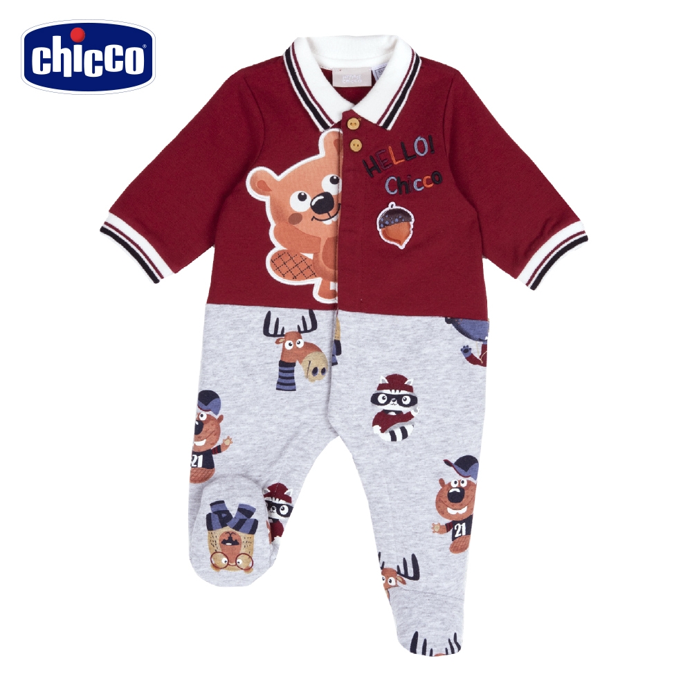 chicco-松鼠家族-有領剪接滿底印花前開兔裝