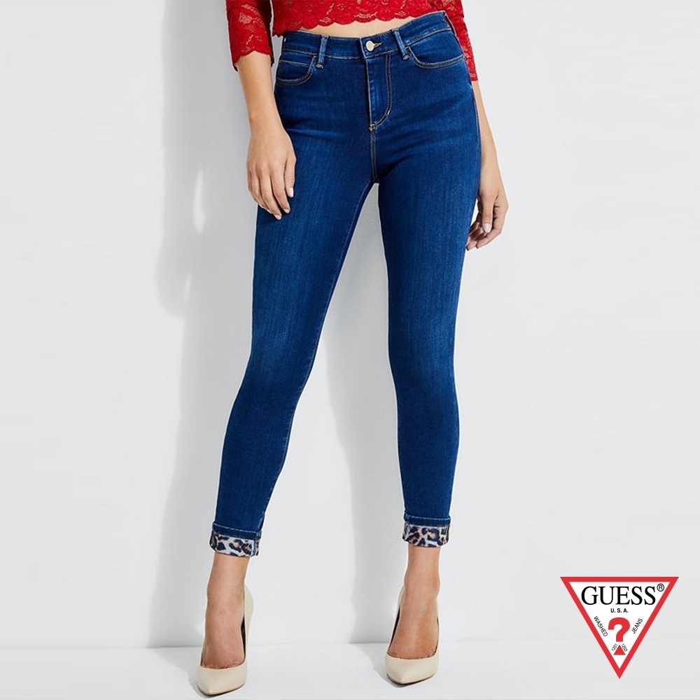 GUESS-女裝-反折豹紋緊身牛仔褲-藍 原價3990