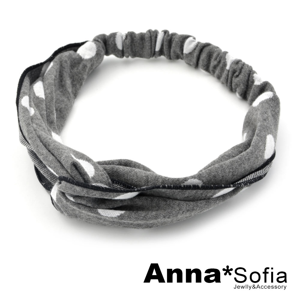 AnnaSofia 波點厚布質交叉結 彈性寬髮帶(灰系)