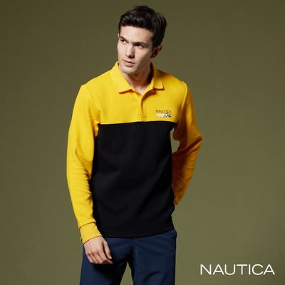 NAUTICA男裝 跳色拼接休閒長袖POLO衫-黃黑