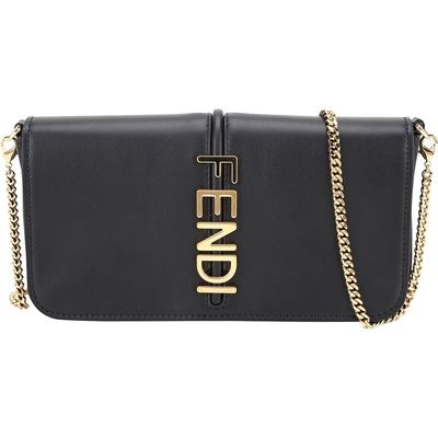 FENDI Fendigraphy 金屬字母小牛皮鍊帶手拿包 斜背包(黑色)