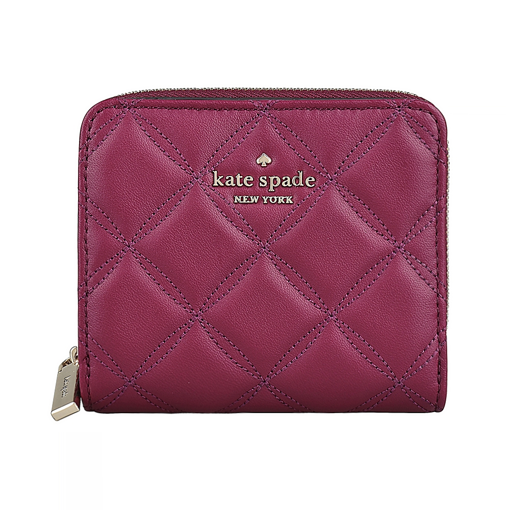 Kate Spade Natalia 金屬桃心LOGO菱格絎縫設計小牛皮6卡釦式短夾(黑莓紅)