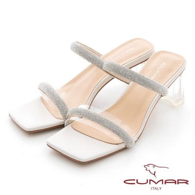 【CUMAR】粗鑽條兩條式高跟涼鞋-米白
