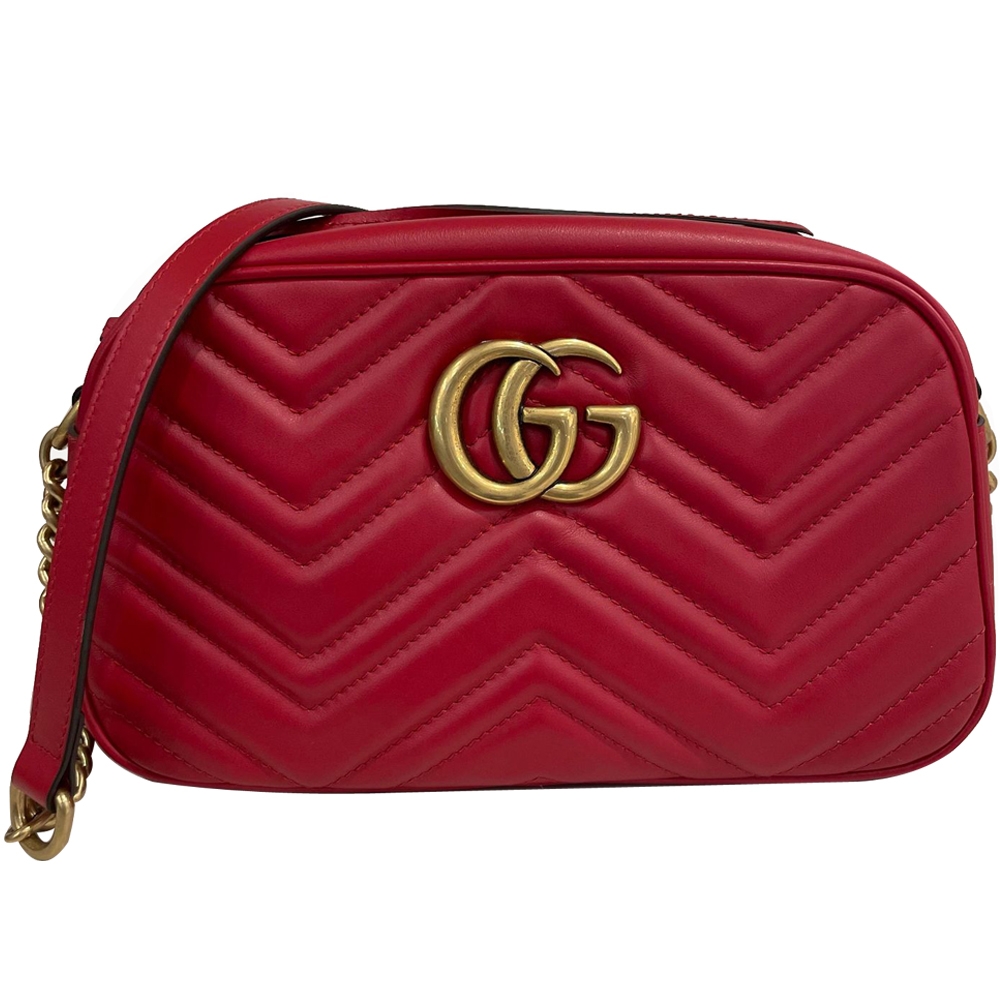 GUCCI Marmont仿舊金色雙G LOGO牛皮山形斜背包23CM 紅色