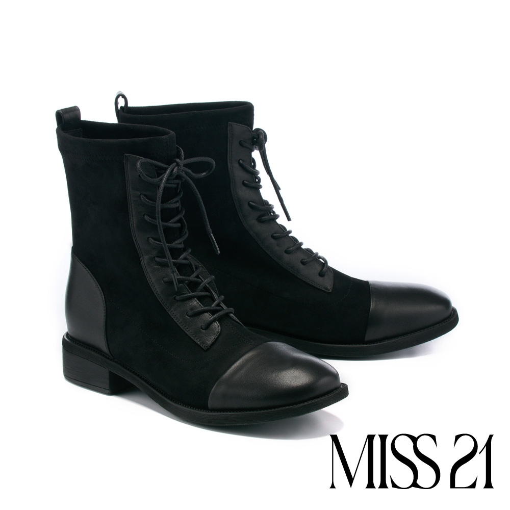 短靴 MISS 21 內斂率性異材質拼接牛皮綁帶低跟短靴－黑