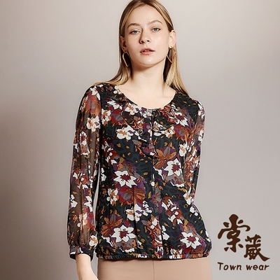 【TOWNWEAR棠葳】滿版印花荷葉領雪紡上衣(中大尺碼/女上衣/女上著/鑽飾/長袖/透膚袖)