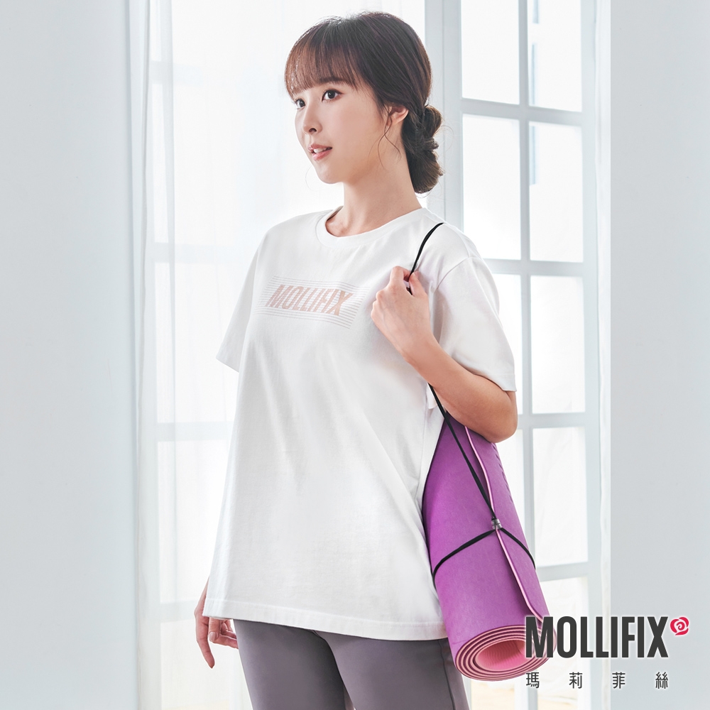 Mollifix 瑪莉菲絲 前LOGO修身短袖長版T (白)