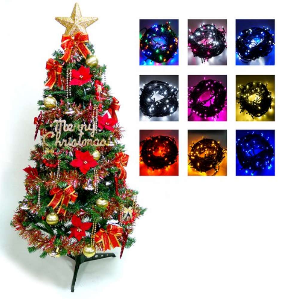 摩達客 幸福5尺一般型裝飾綠聖誕樹(紅金色系配件+100燈LED燈1串)