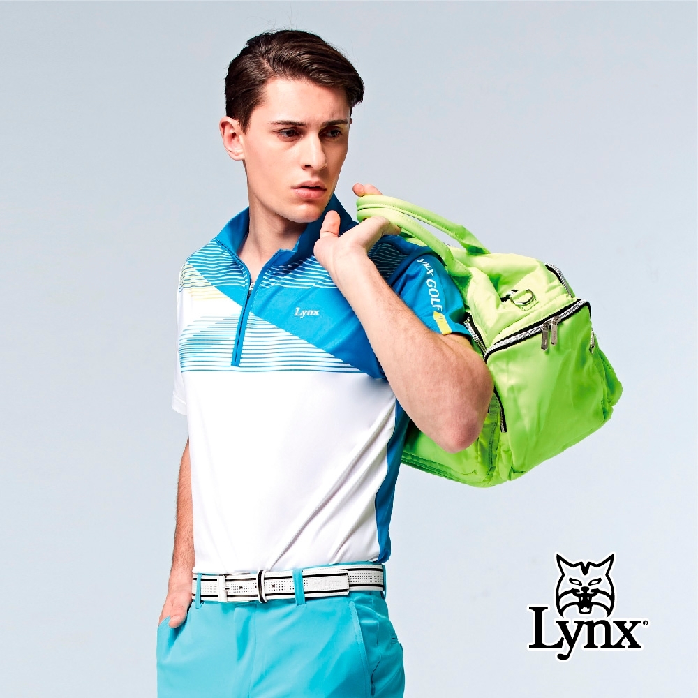 【Lynx Golf】男款吸濕排汗合身版交叉條紋短袖立領POLO衫-藍色