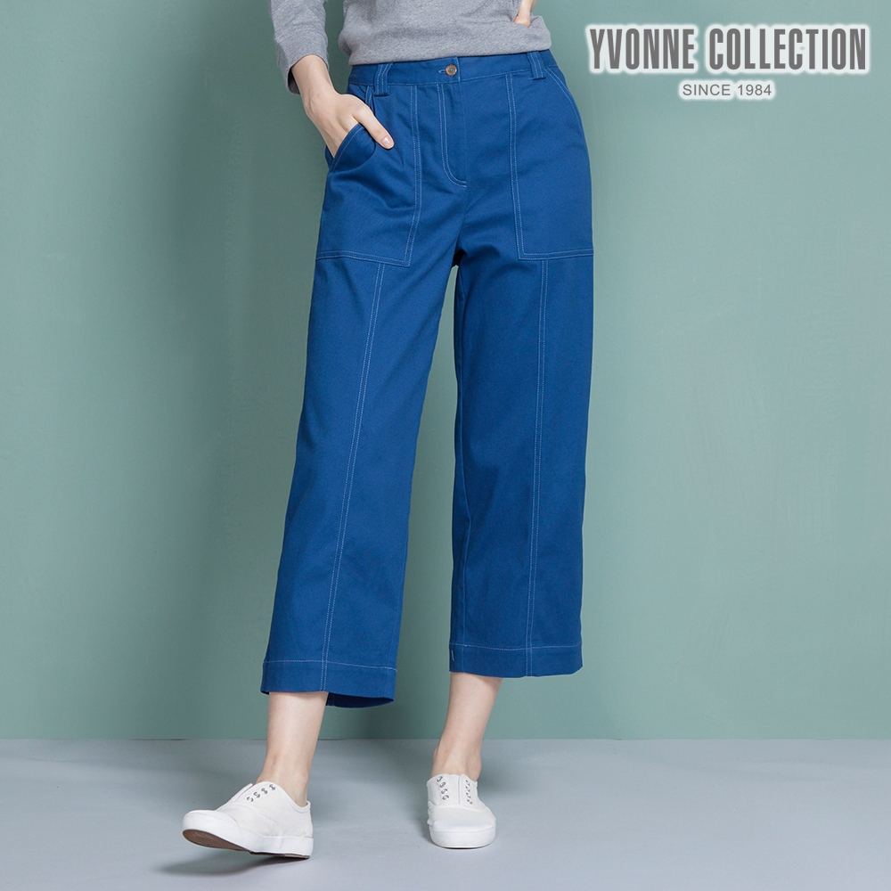 YVONNE COLLECTION 車縫設計八分寬褲-藍L