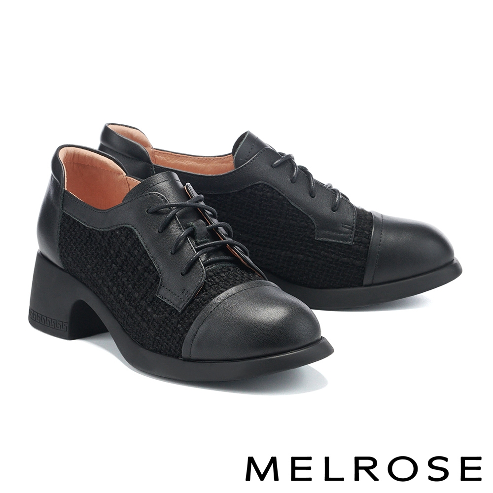 高跟鞋 MELROSE 復古紳士風異材質拼接綁帶高跟鞋－黑
