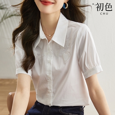 初色 日系立體刺繡愛心圓領短袖T恤上衣-白色-67967(M-2XL可選)