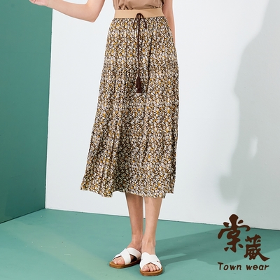 【TOWNWEAR棠葳】涼感滿版花卉蝴蝶結長裙(女下著/印花/鬆緊腰頭/綁帶)