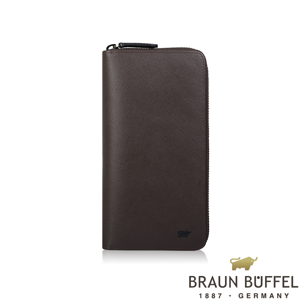 【BRAUN BUFFEL 德國小金牛】台灣總代理 洛菲諾P 22卡拉鍊長夾-咖黑色/BF334-305-DM