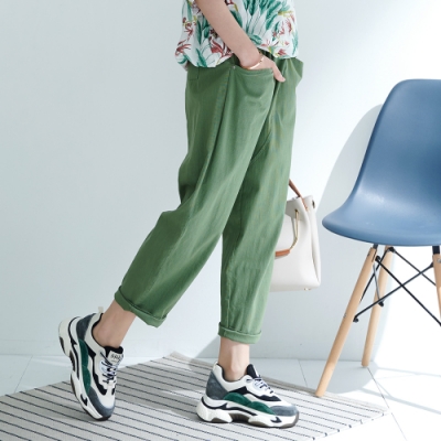 慢 生活 鬆緊腰口袋百搭彈性蘿蔔褲- 綠色