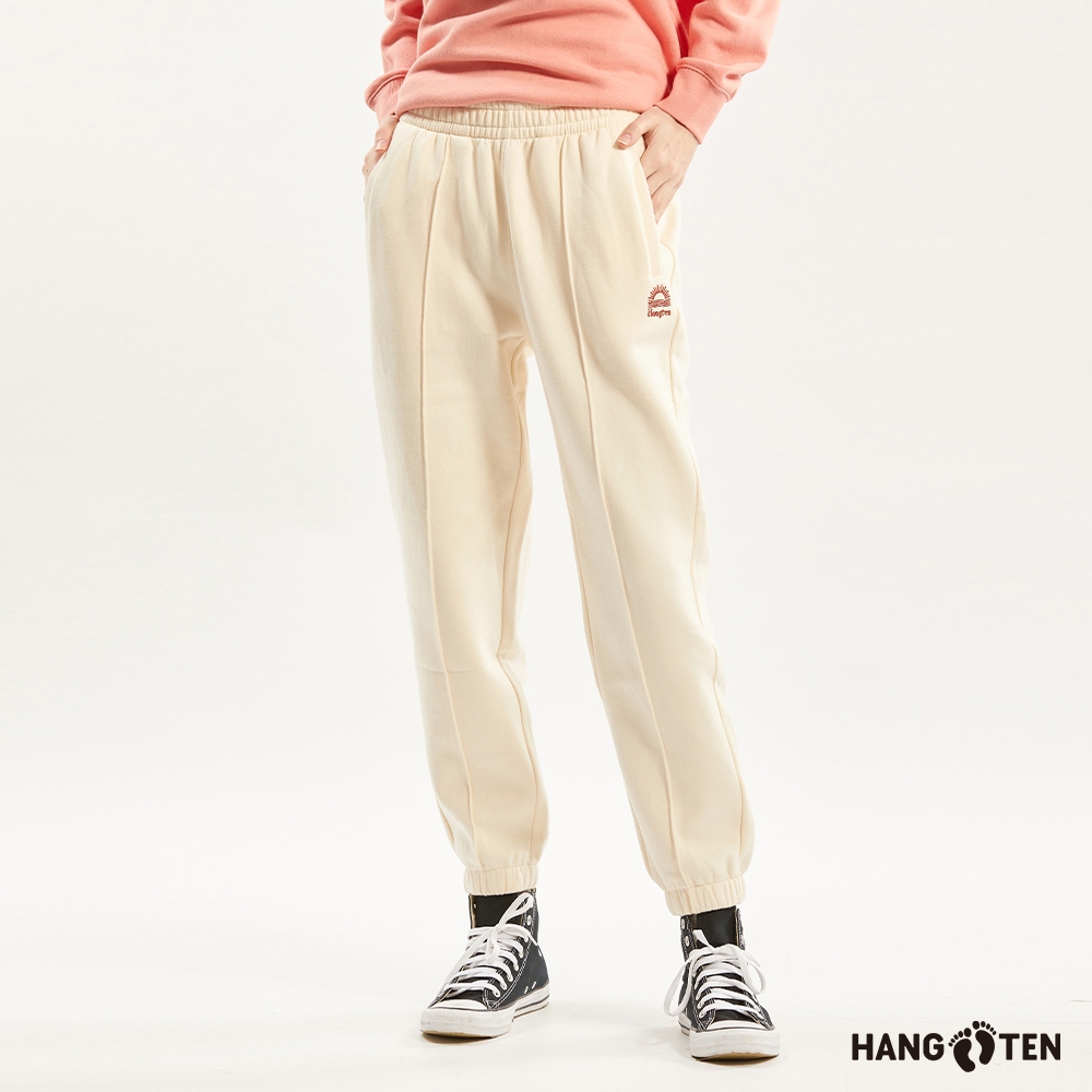 Hang Ten-女裝-JOGGER FIT保暖內刷毛束口鬆緊抽繩休閑運動針織長褲-米白