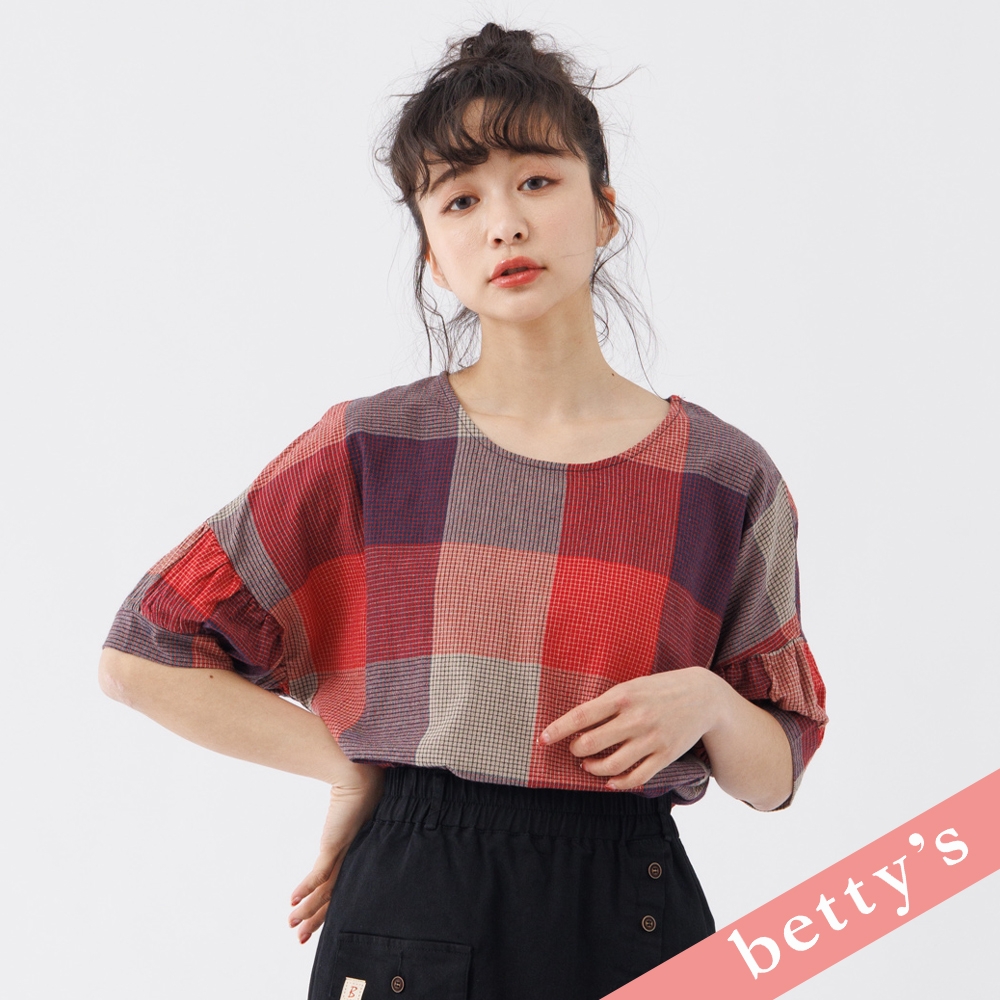 betty’s貝蒂思　棉質大小格子圓領上衣(紅色)