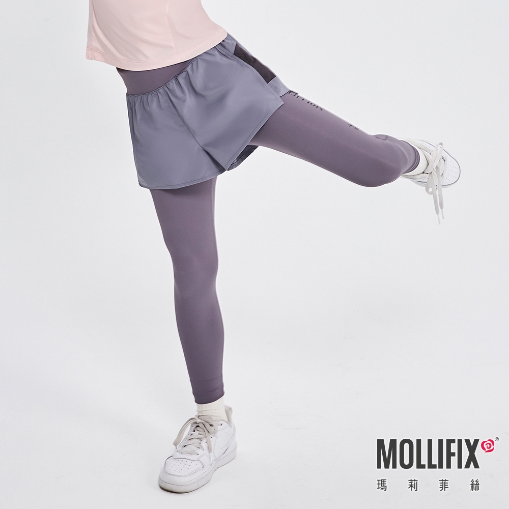 Mollifix 瑪莉菲絲 拼網透氣雙層訓練褲_KIDS (日暮灰)、瑜珈服、Leggin