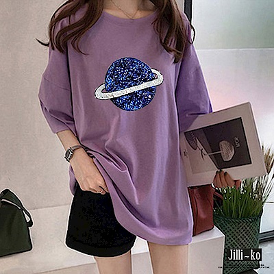 Jilli-ko 韓版星球印花短袖T恤- 紫/桃