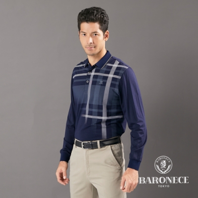 BARONECE 百諾禮士休閒商務  男裝 平紋數位印格長袖POLO衫--丈青色(1206263-39)