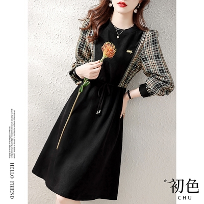 初色 格紋拼接圓領長袖連身裙洋裝-黑色-63687(M-2XL可選)