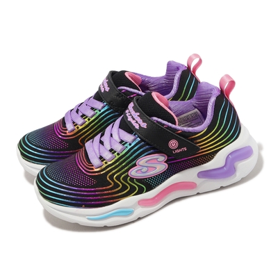 Skechers 童鞋 S Lights-Wavy Beams 黑 彩虹 魔鬼氈 燈鞋 發光 中童 小朋友 302338LBKMT