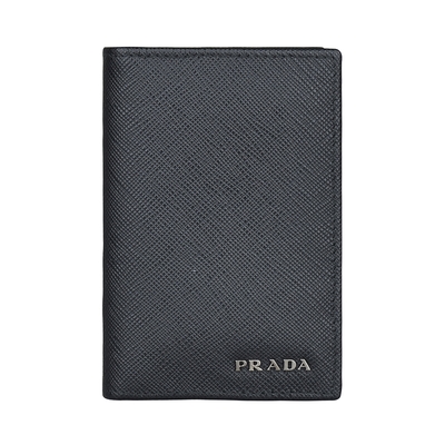 PRADA 普拉達 銀字LOGO十字防刮牛皮6卡摺疊短夾(黑)