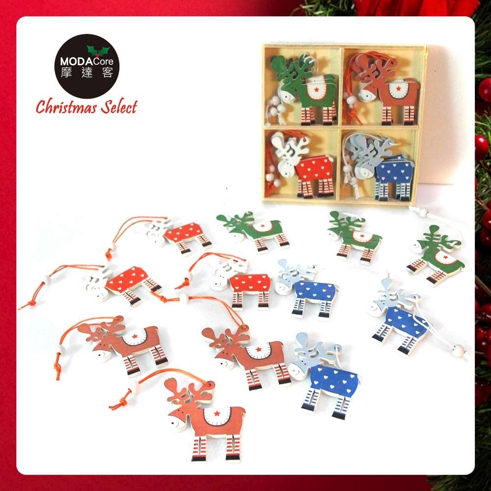 摩達客 木質彩繪聖誕吊飾-彩色麋鹿系-24入(12入*2盒裝)