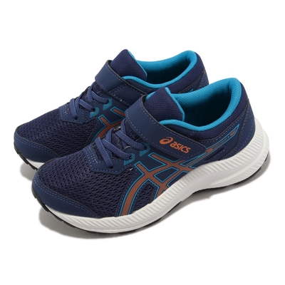 Asics 慢跑鞋 Contend 8 PS 中大童 深藍 橙 路跑 綁帶 魔鬼氈 跑步 運動鞋 1014A258405