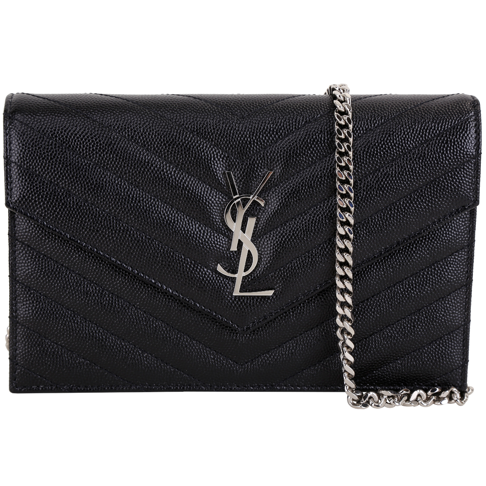 YSL Saint Laurent MONOGRAM 小型 斜壓魚子醬牛皮鍊帶包(黑色)