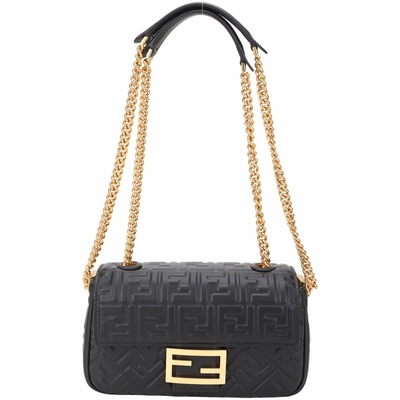 FENDI Baguette FF 壓花小羊皮鍊帶肩/斜背包(黑色)