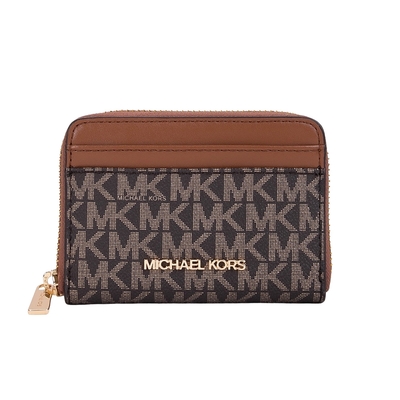 Michael Kors JET SET滿版MK拼接防刮皮革金字拉鍊卡夾零錢包(金棕)