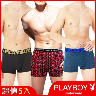 [夏日沁涼!限時激降] PLAYBOY 沁涼絲光/涼爽透氣網眼/透氣紗合身四角褲(5件組)_3款可選