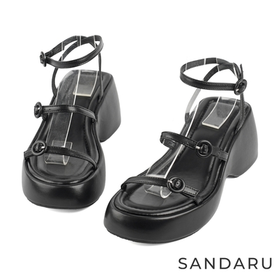 山打努SANDARU-涼鞋 圓釦細帶繞踝厚底涼鞋-黑
